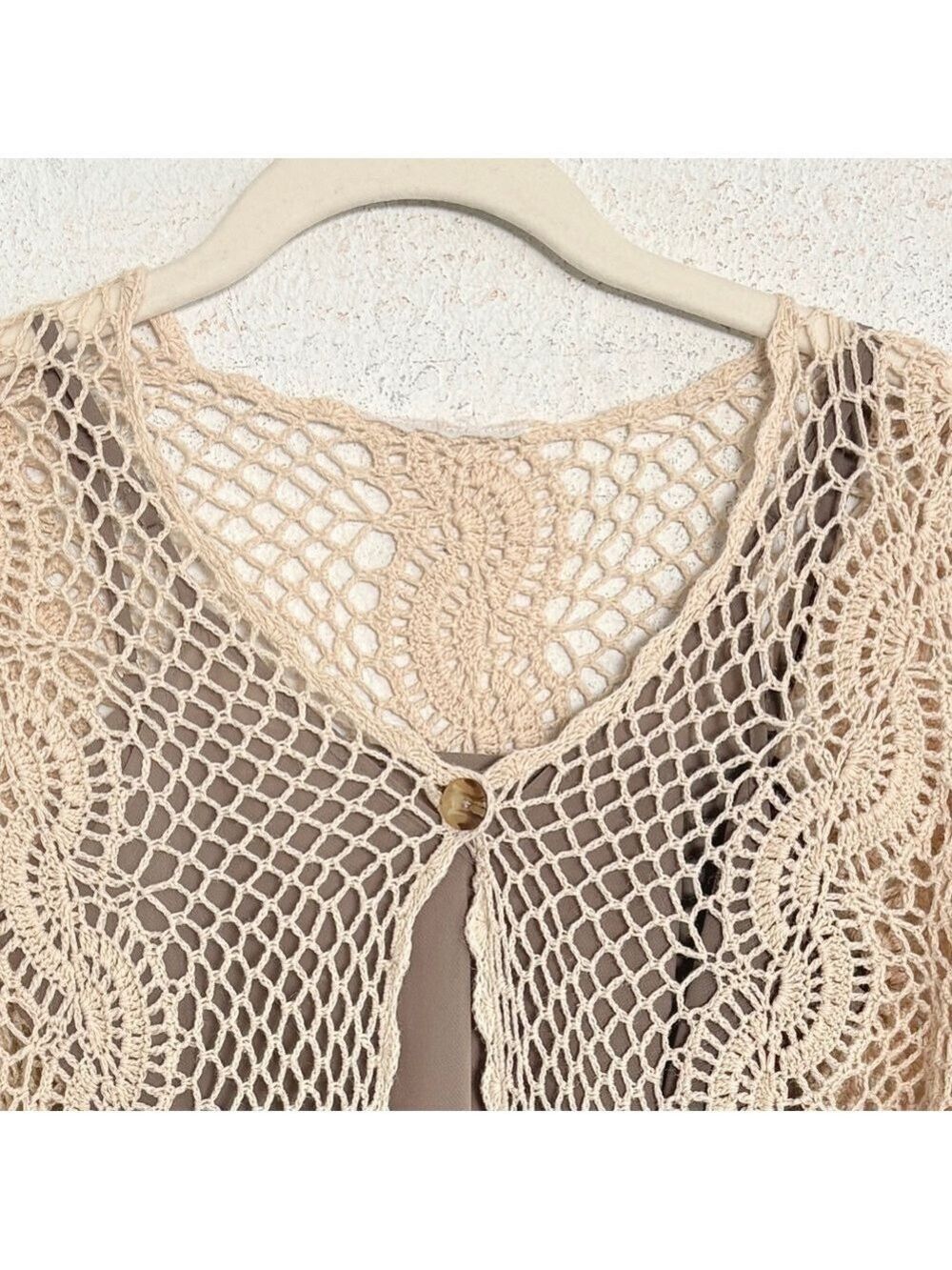 Vintage Open Knit Sweater Crochet Lace Fairy Indie Sleazy S Beige Cream - Picture 2 of 7